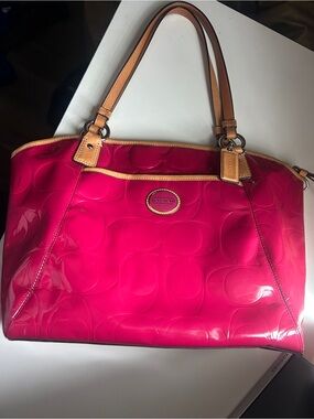 Coach Hot Pink Patent Tote with Tan Leather Handles